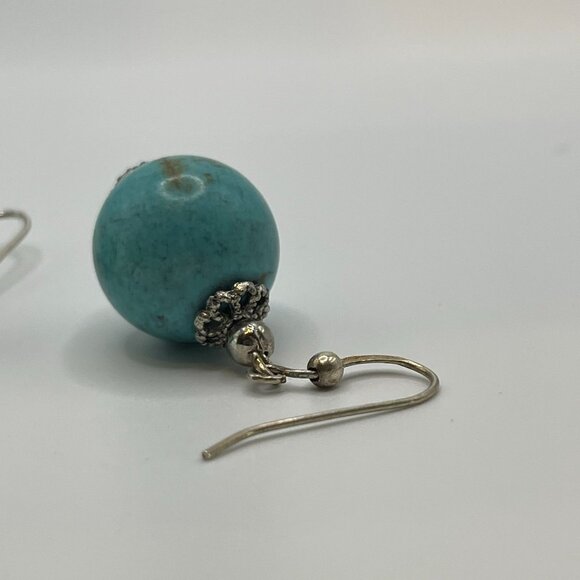 Turquoise & Sterling Silver Drop Dangle Earrings Ornate 925 Stamped - Picture 3 of 6